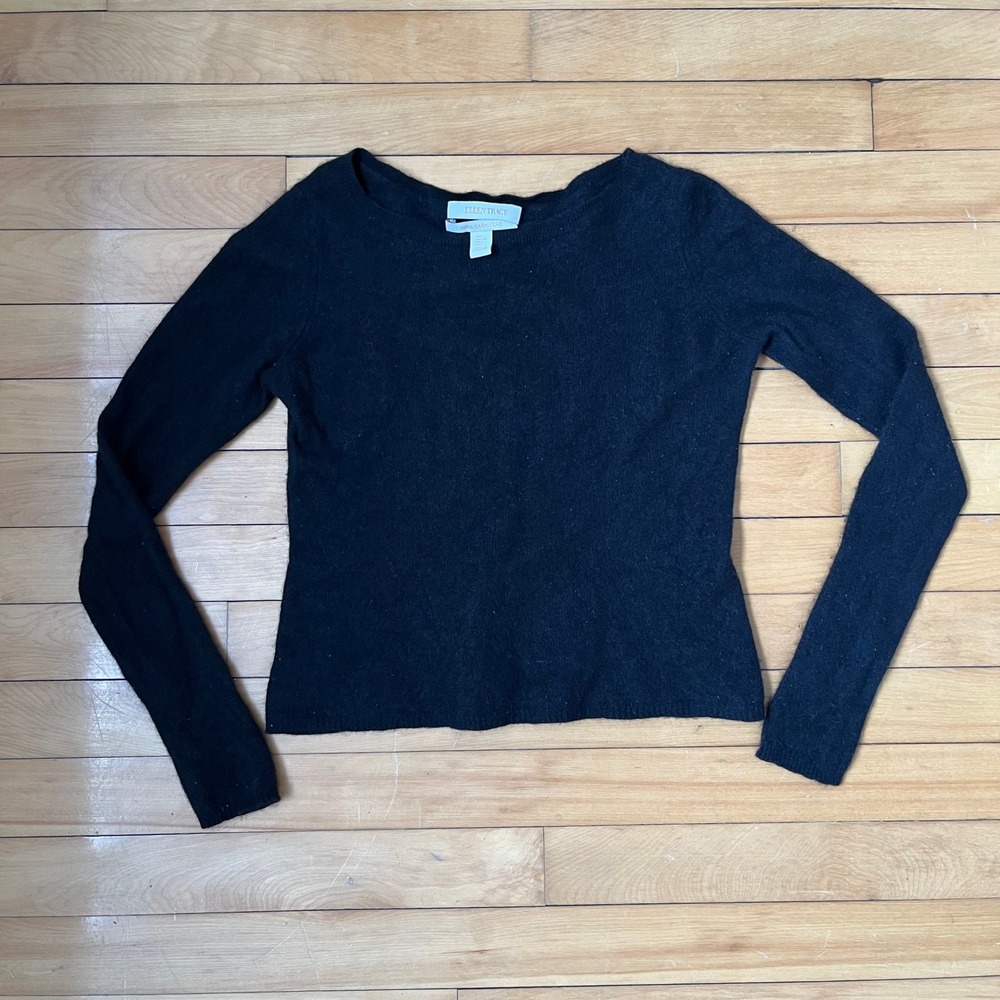 Ellen Tracy Black 100% Cashmere Scoop Neck Long Sleeve Pullover Sweater Size L
